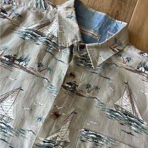 Bugle Boy Shirt Mens Beige Vtg Nautical Print Ramie Cotton Pocket Button…